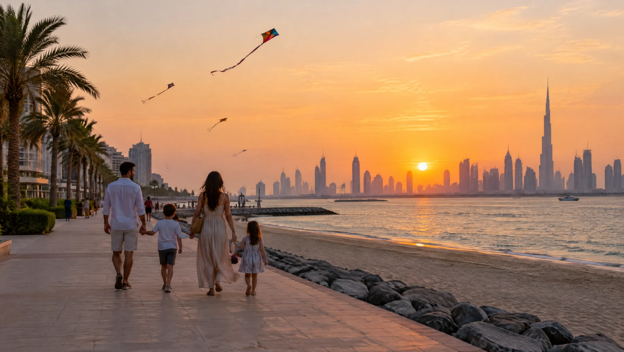 Famille se promenant sur une promenade de plage à Dubaï au coucher du soleil