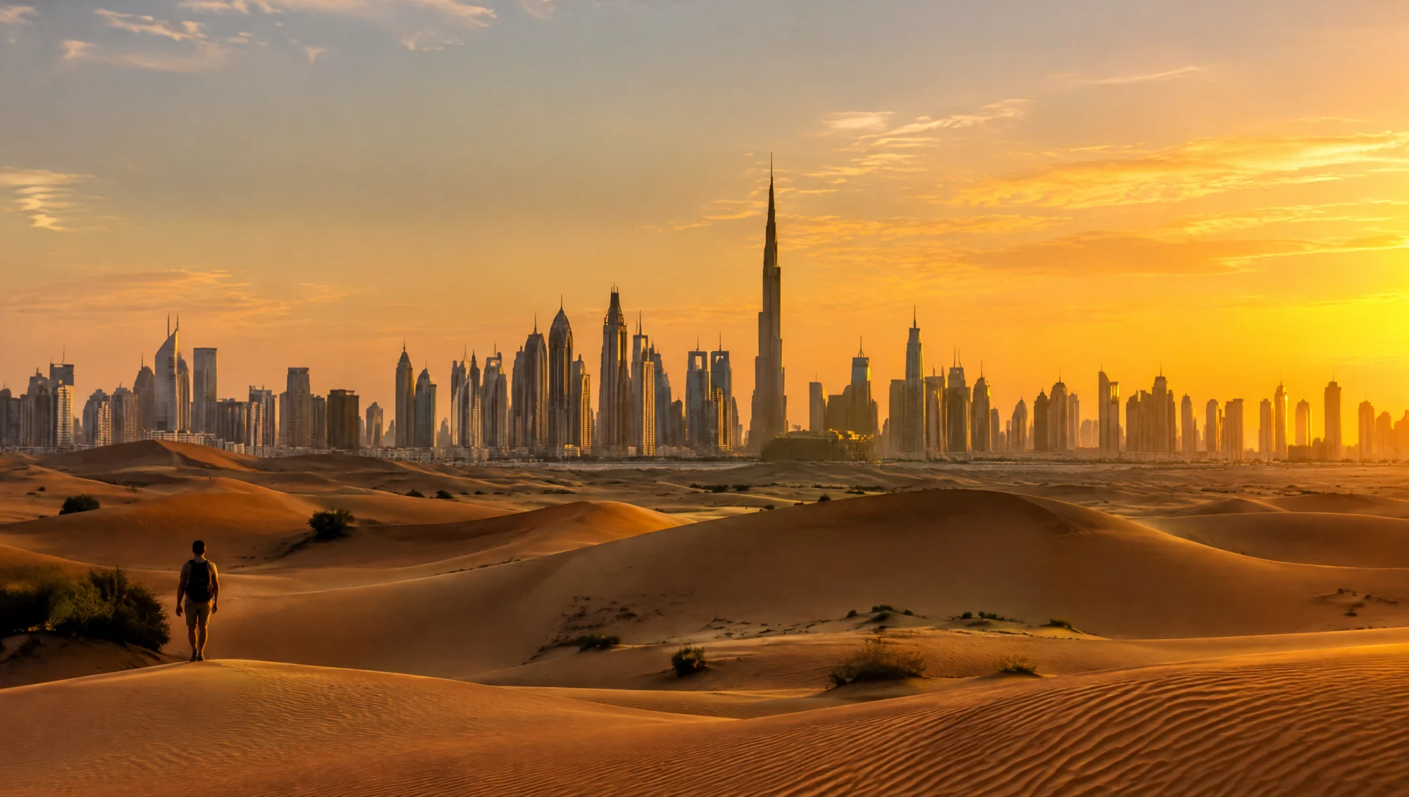 Dunas del desierto con un horizonte urbano de los EAU al fondo