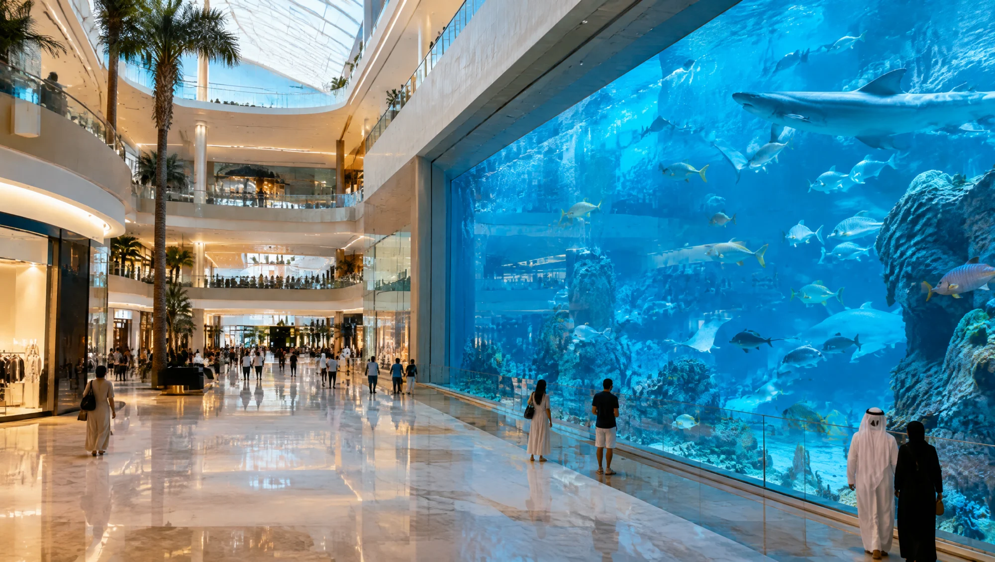 Interior de un gran centro comercial de Dubái con una pared de acuario