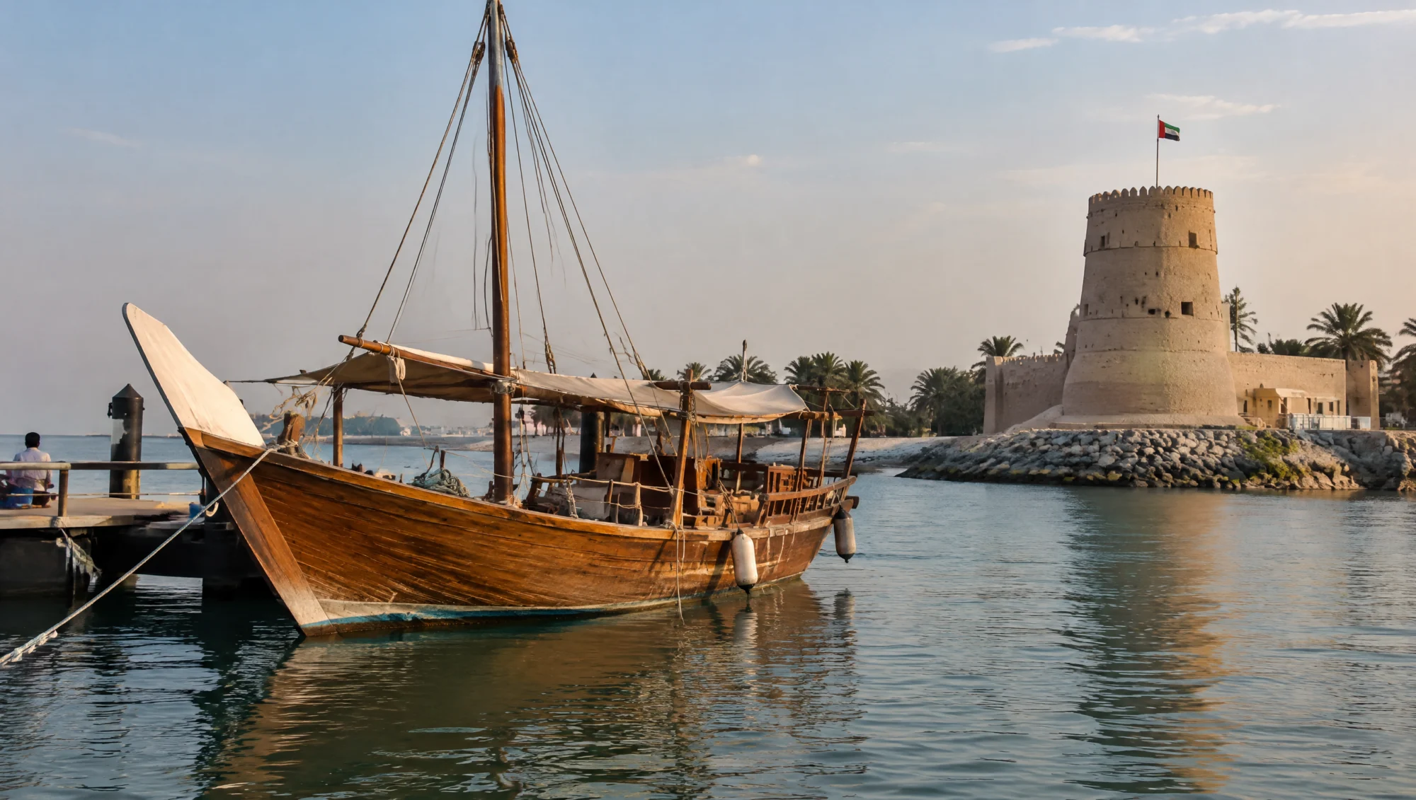 Dhow de madera en un tranquilo puerto de Umm al Qaywayn