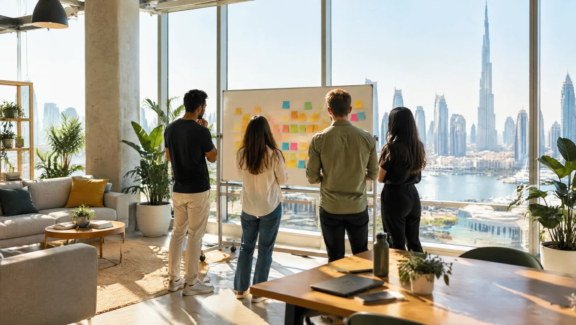 Équipe de startup en réunion dans un espace de coworking à Dubaï