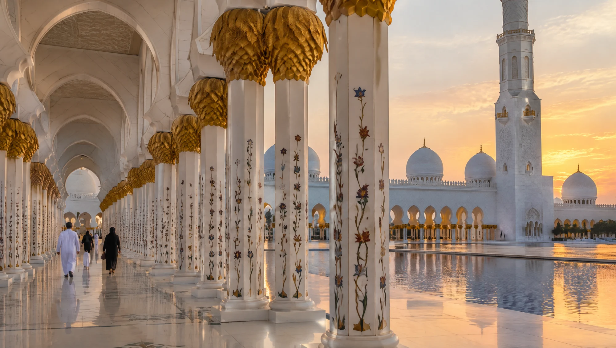 Columnata de mármol de una gran mezquita en Abu Dabi