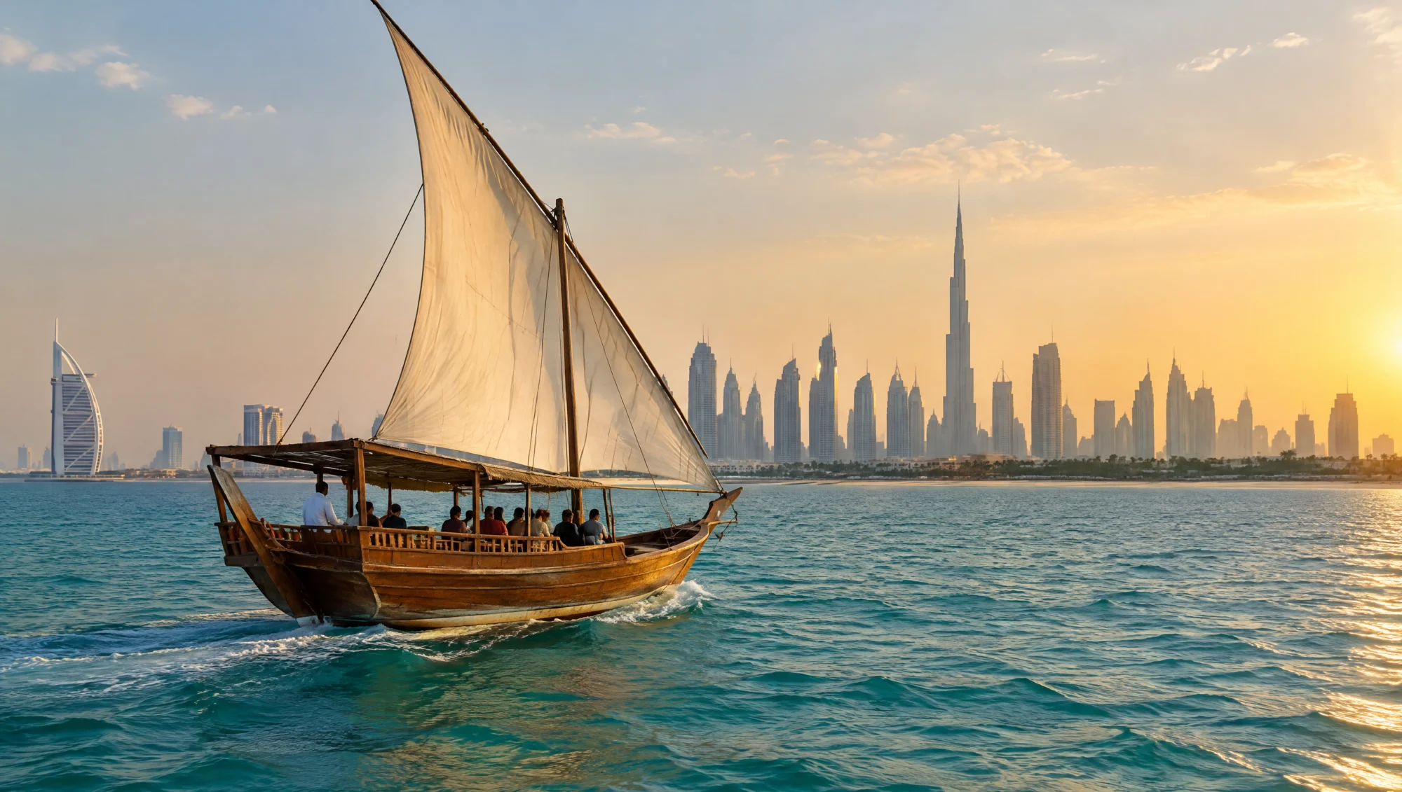 Boutre traditionnel en bois naviguant au large de Dubaï