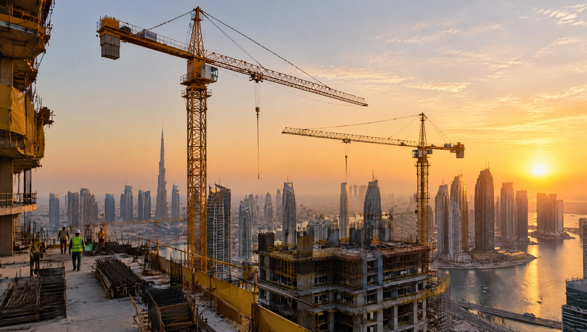 Grues au-dessus d'un chantier au lever du soleil