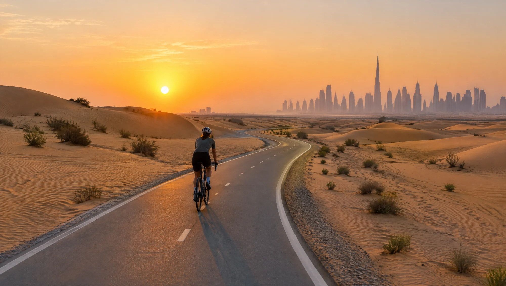 Cycliste sur une piste cyclable dans le désert près de Dubaï