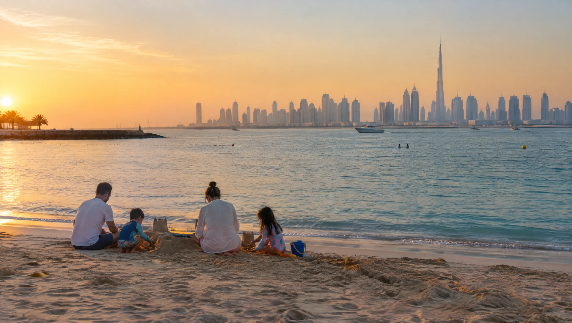 Famille construisant des châteaux de sable sur une plage des Émirats