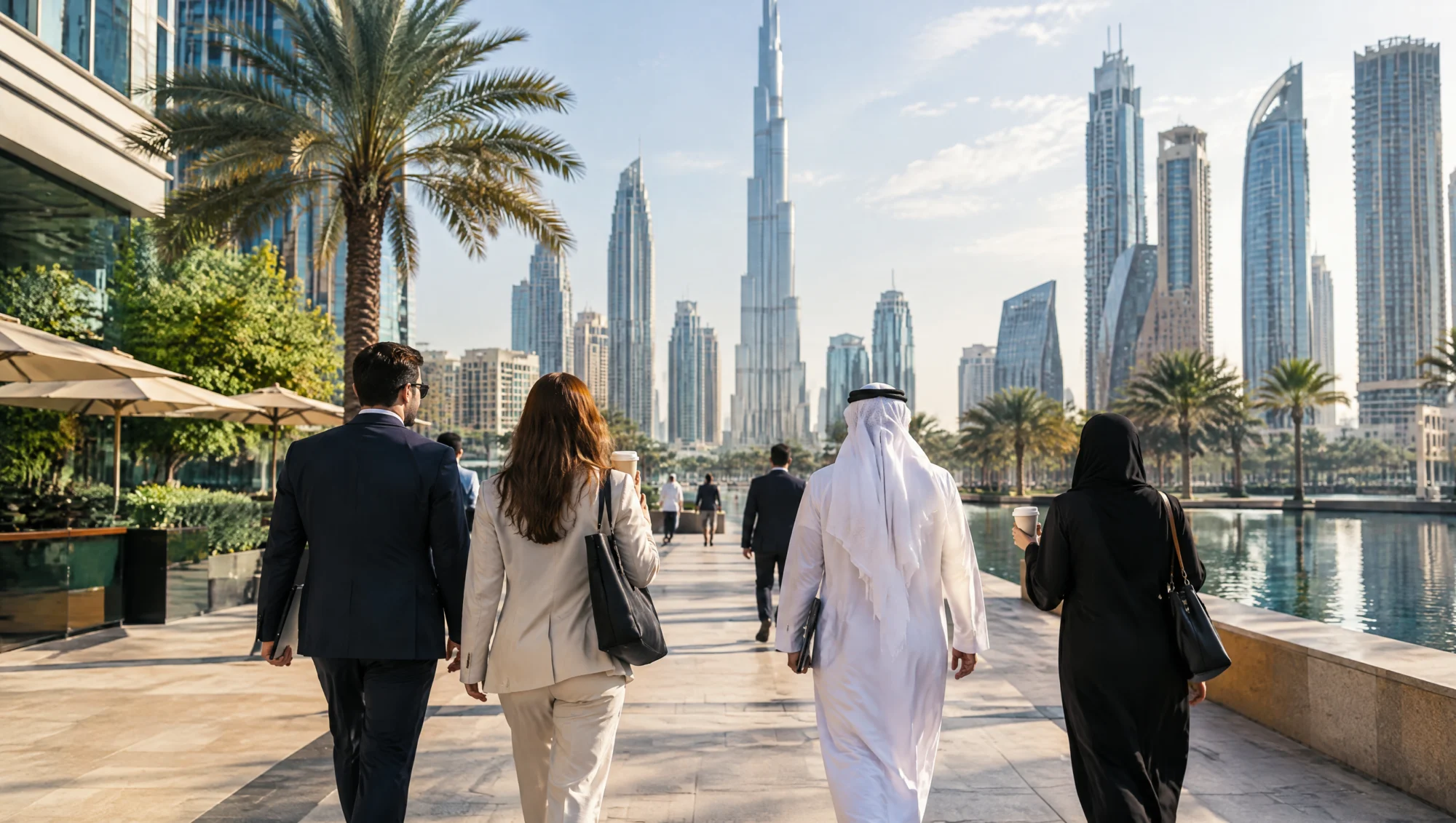 Professionnels internationaux dans un quartier d'affaires de Dubaï