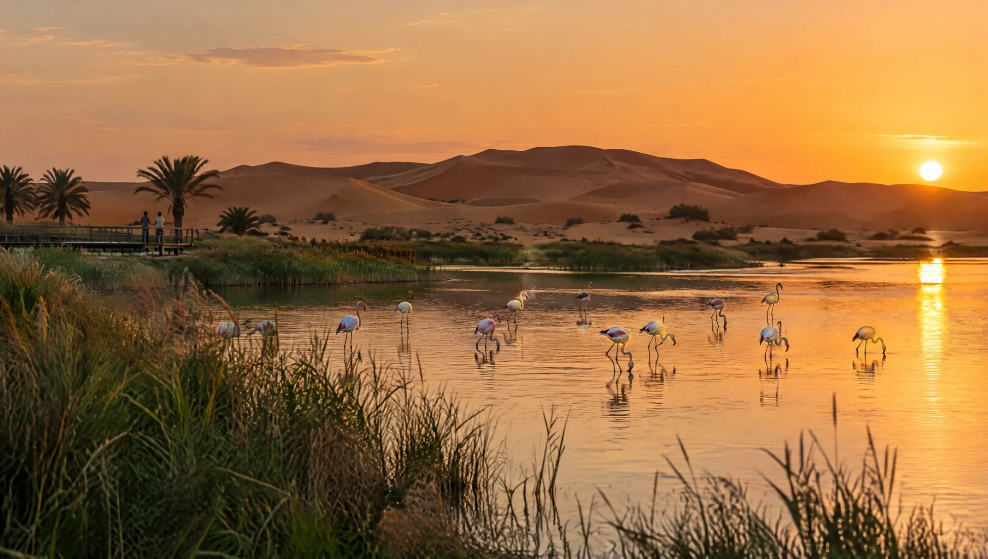 Lac du désert près de Dubaï avec des flamants roses au coucher du soleil