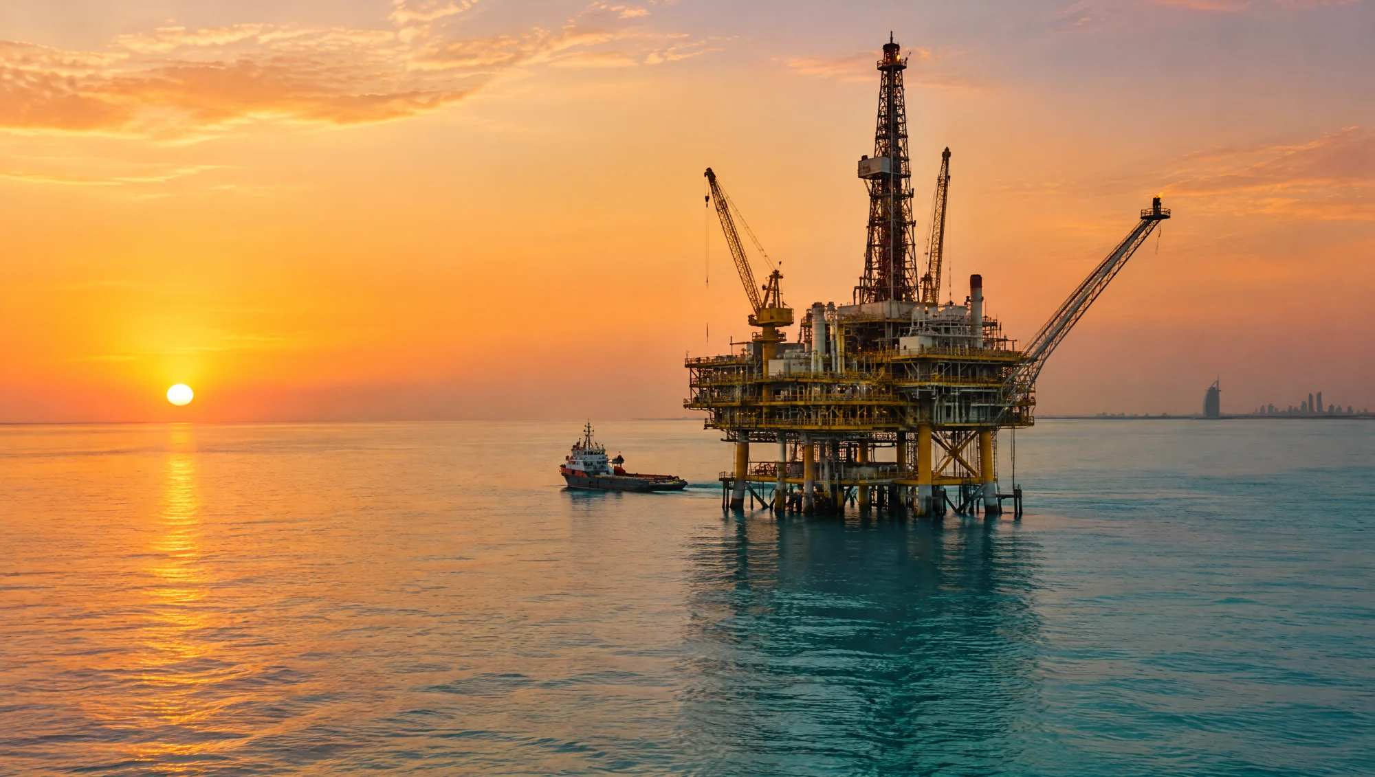 Plataforma marina frente a la costa de los EAU al atardecer