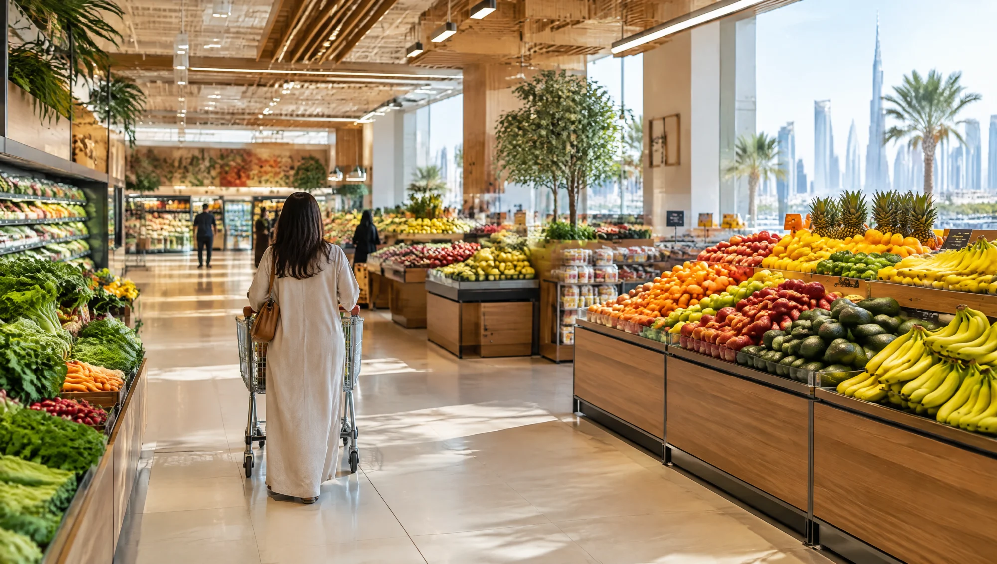 Pasillo de frutas y verduras frescas en un supermercado de los EAU
