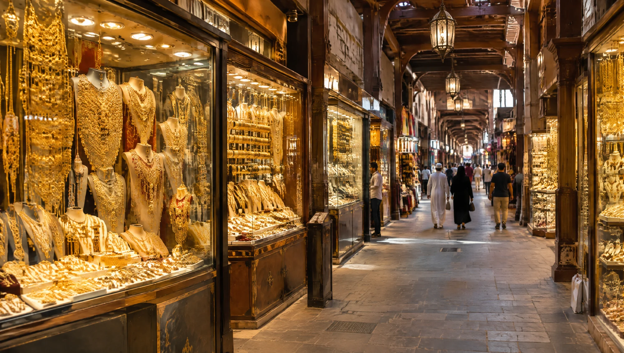 Vitrines de bijoux en or dans un souk de Dubaï