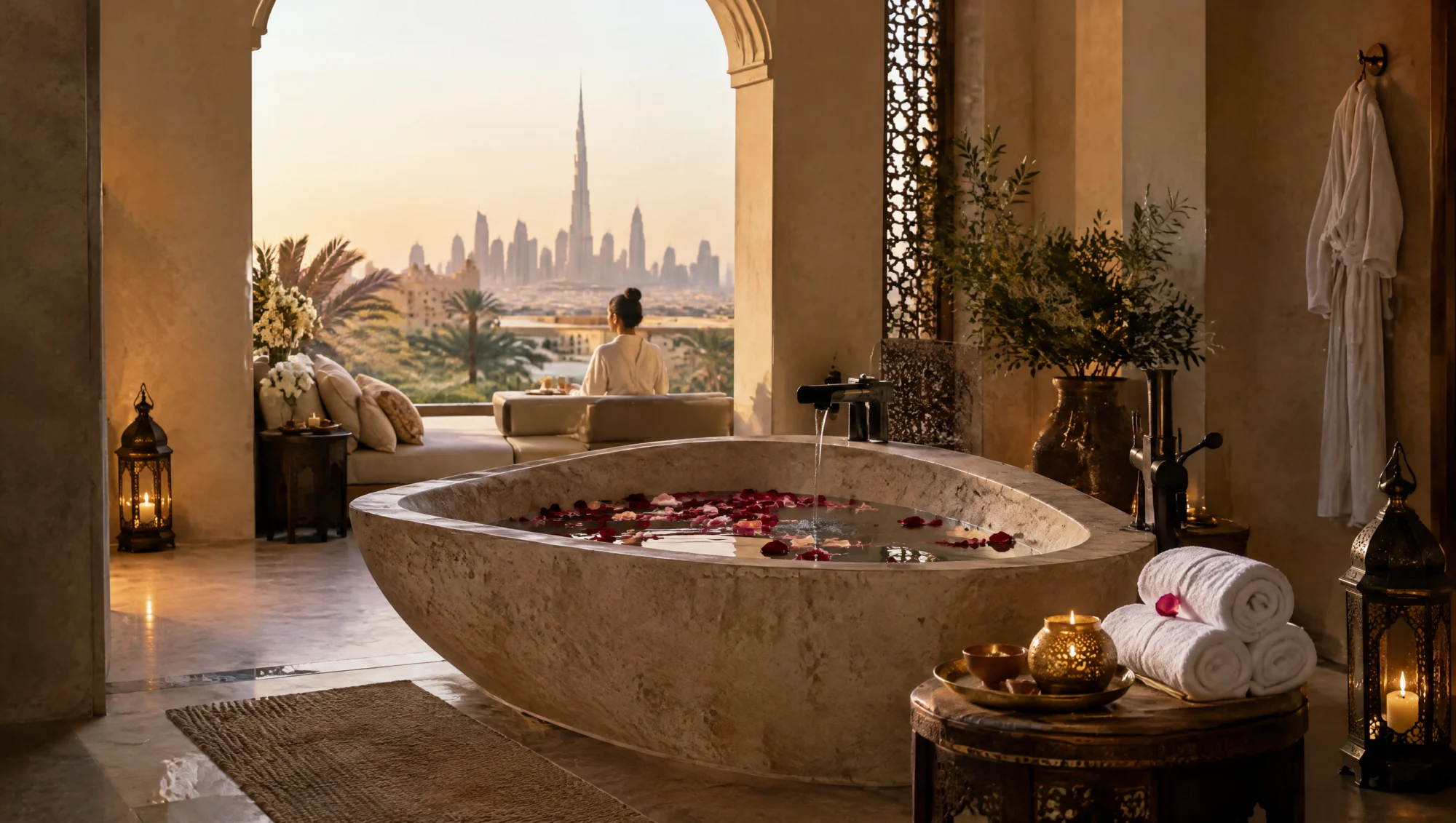 Sala de spa tranquila con una bañera de piedra