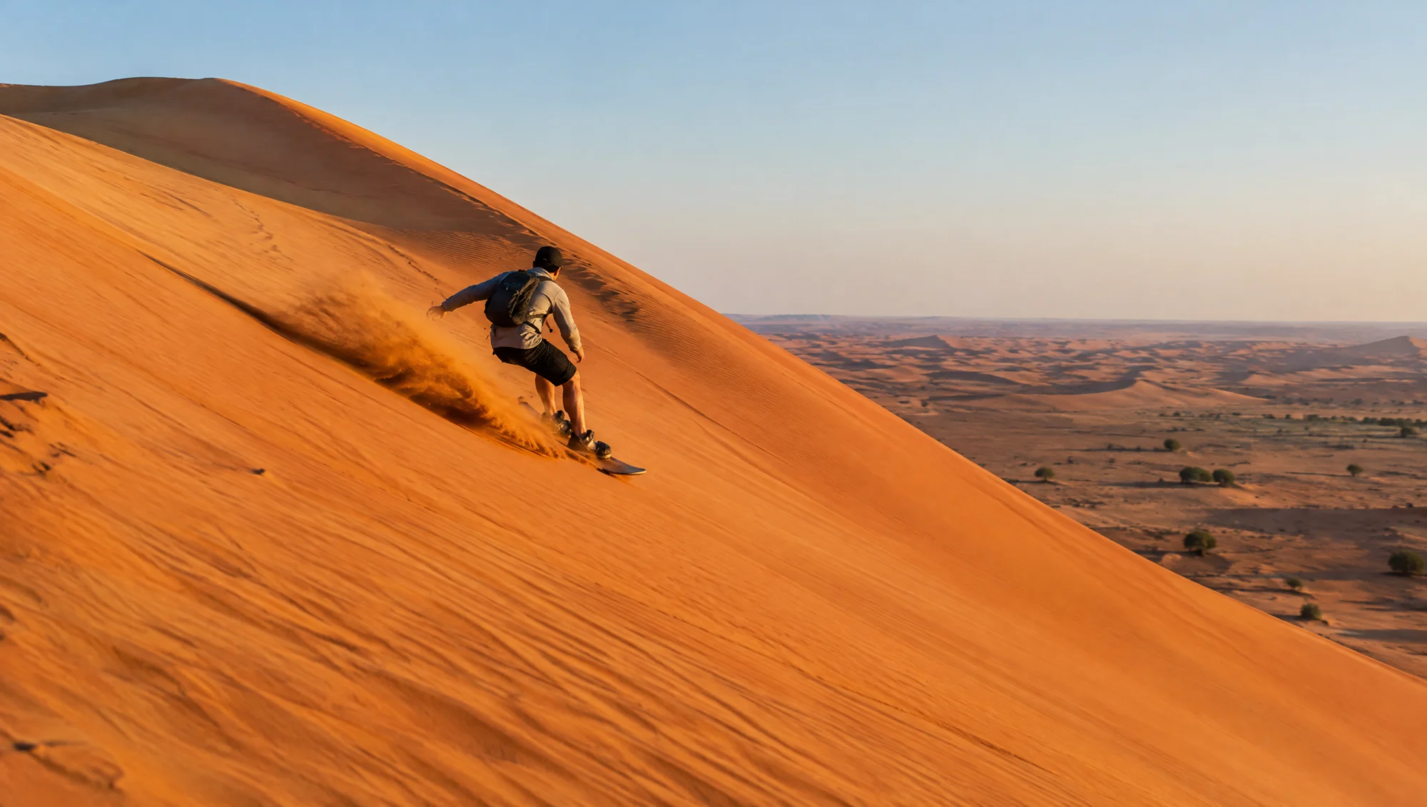 Descente en sandboard sur une dune orangée