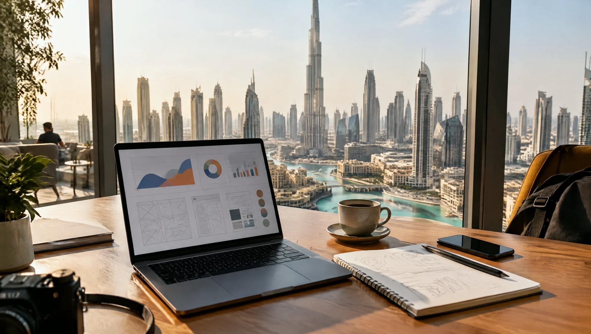 Escritorio de diseño web con vistas al horizonte de Dubái