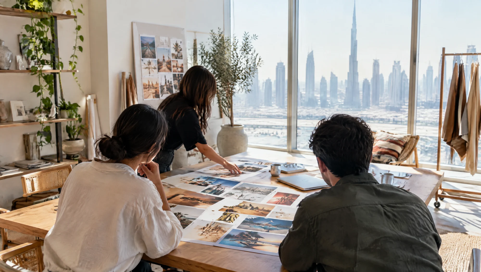 Équipe examinant des tableaux de campagne dans un studio de Dubaï