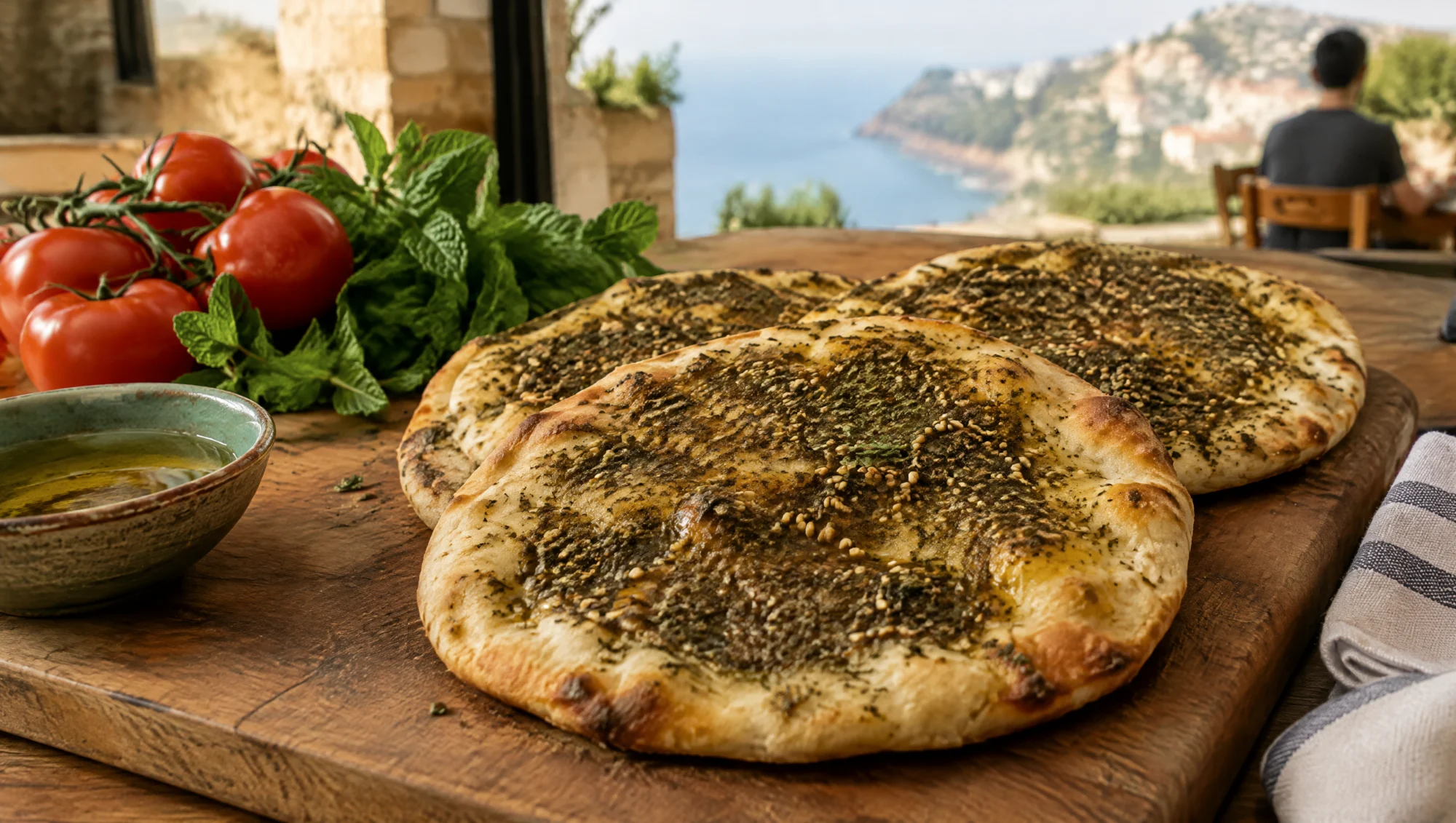Manakish au zaatar tout frais sur une planche en bois