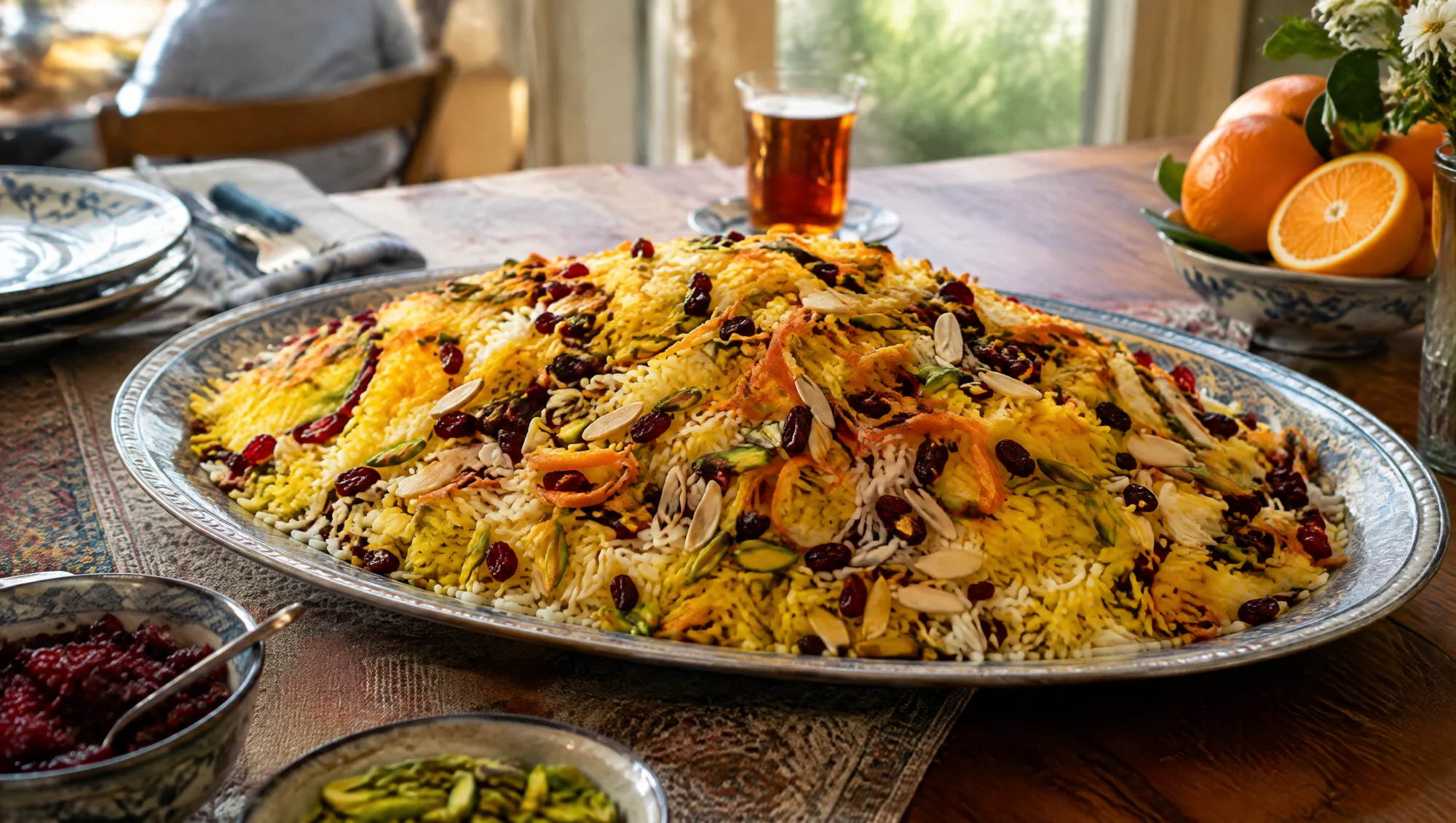 Shirin polo, riz au safran avec fruits secs et épine-vinette