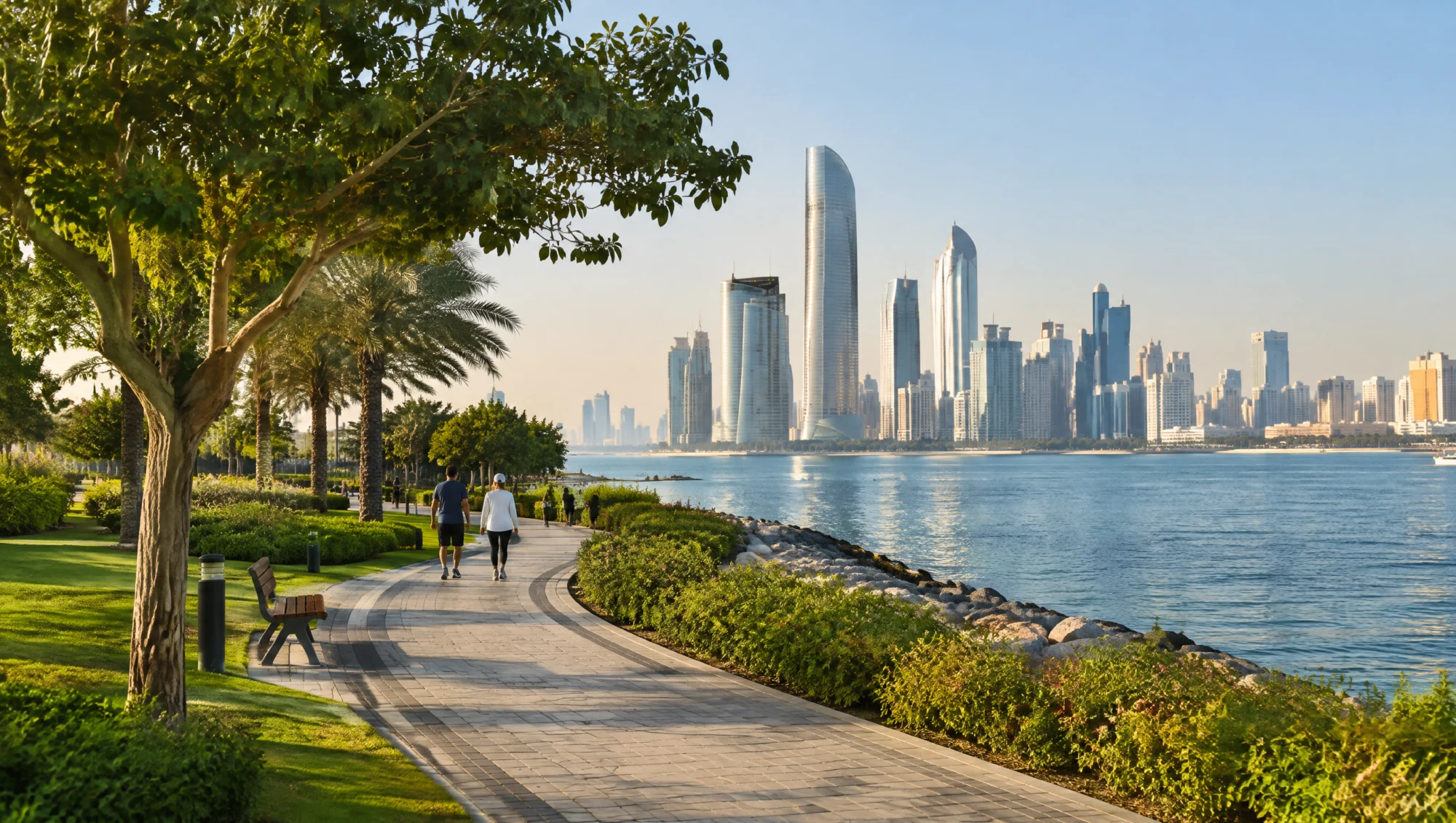 Allée d'un parc au bord de l'eau à Abou Dhabi