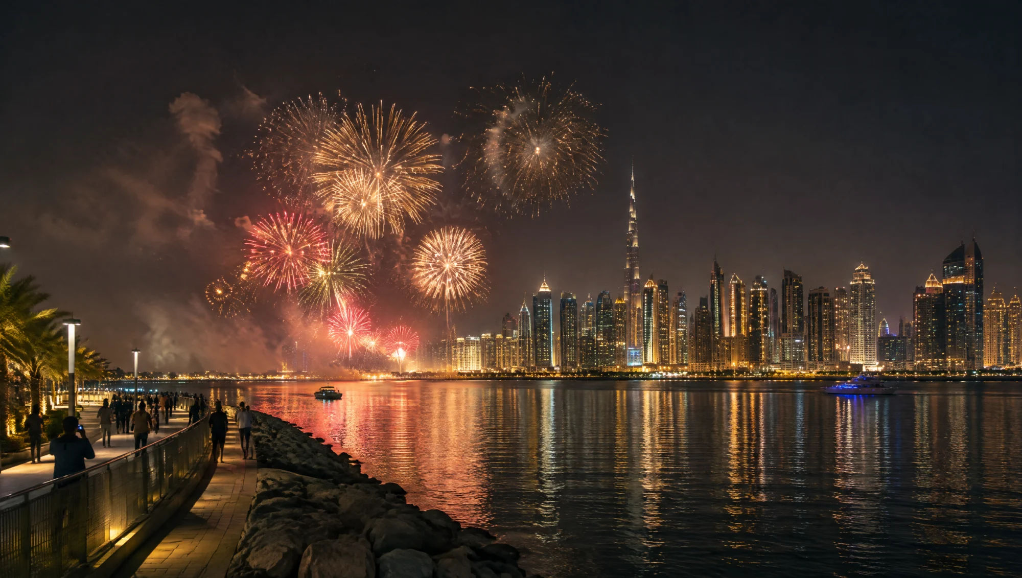 Fuegos artificiales sobre un paseo marítimo de los EAU de noche