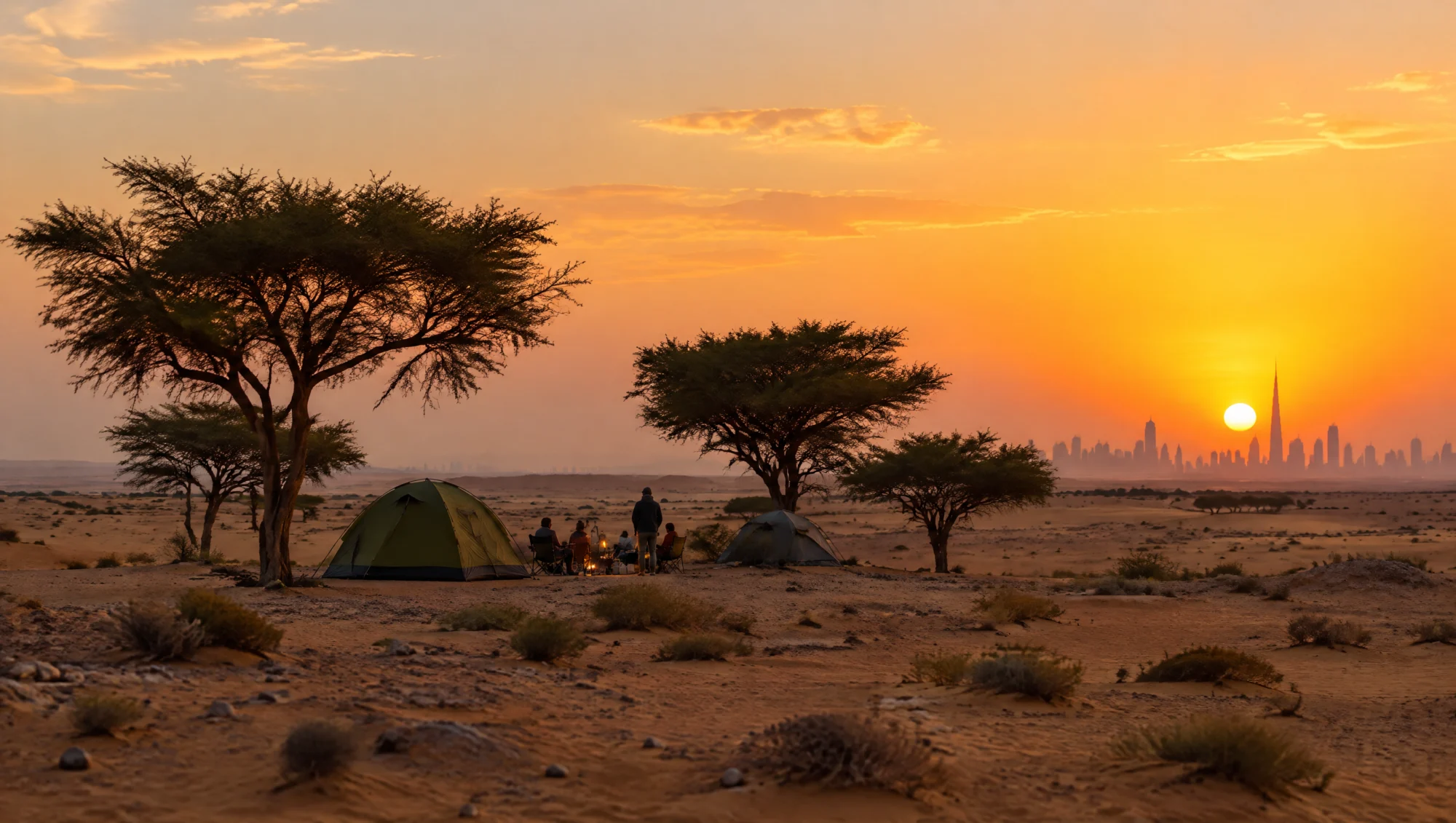 Campamento entre árboles del desierto a las afueras de Dubái