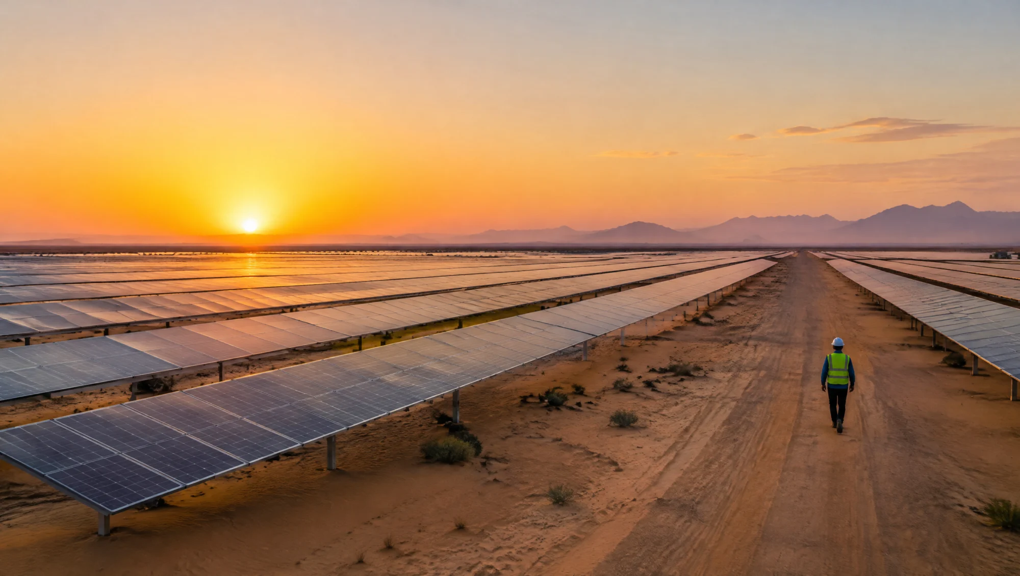 Centrale solaire dans le désert émirati au lever du soleil