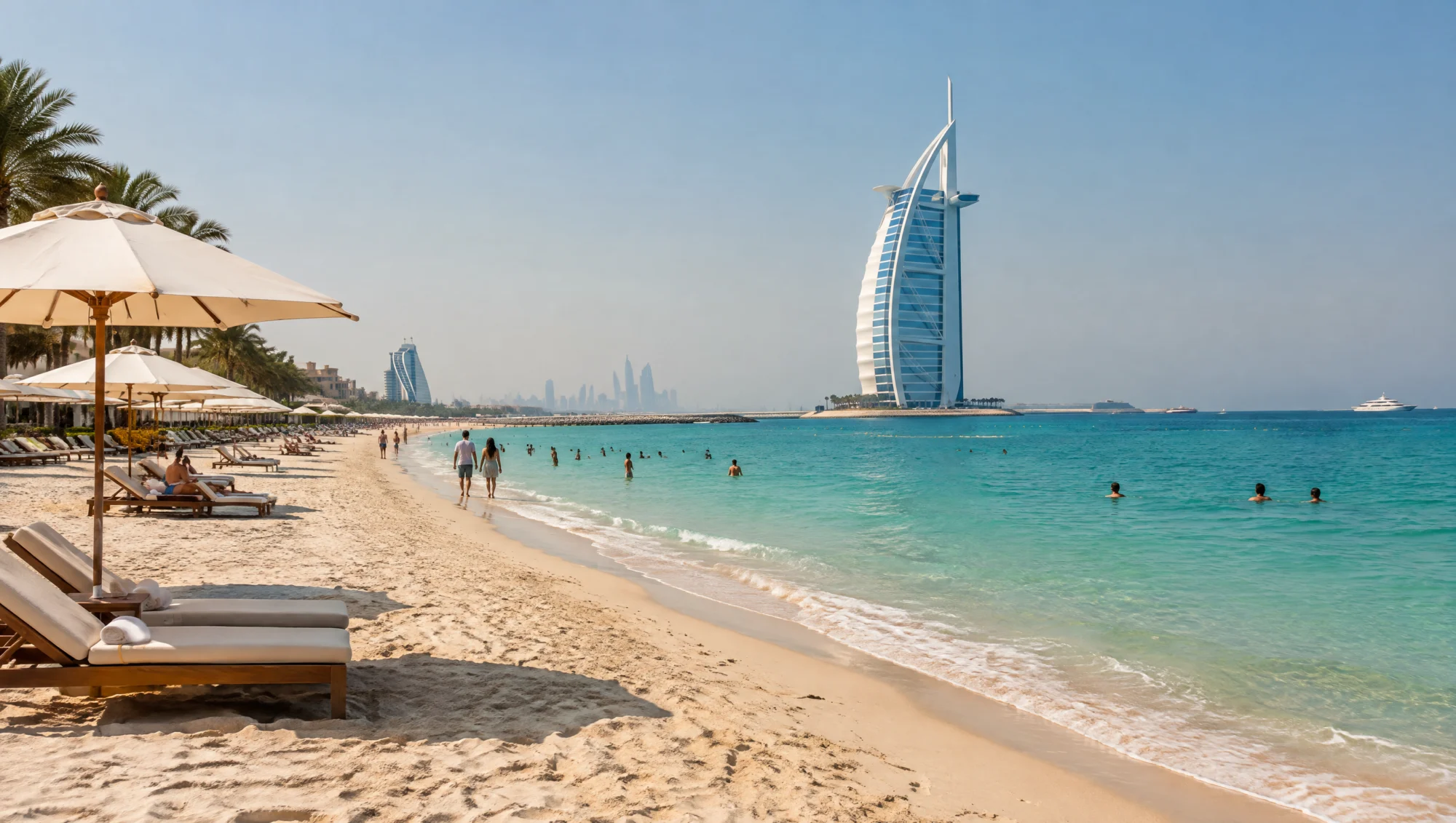 Large plage de sable à Dubaï aux eaux turquoise