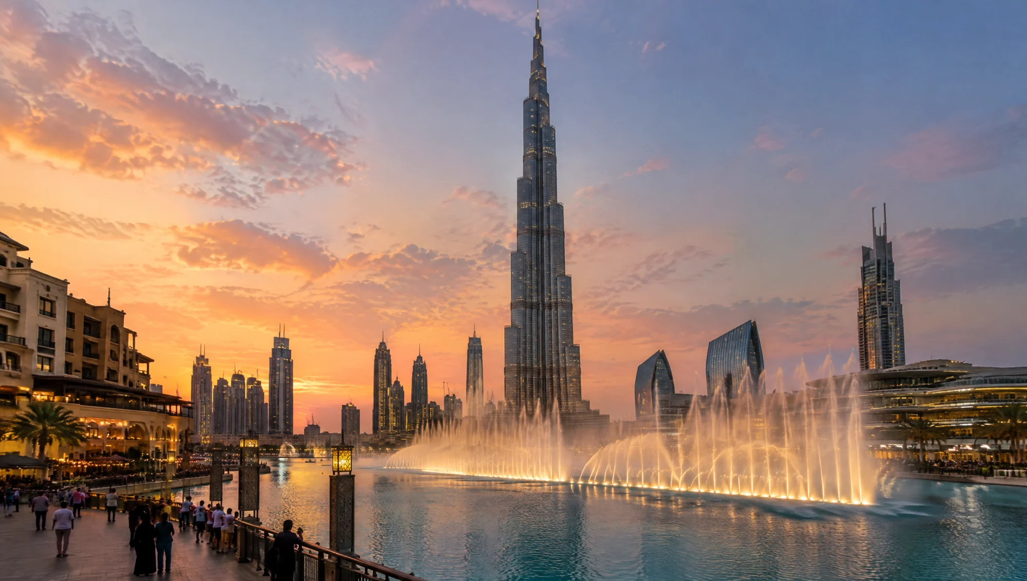 Haute tour et lac de fontaines à Dubaï au crépuscule