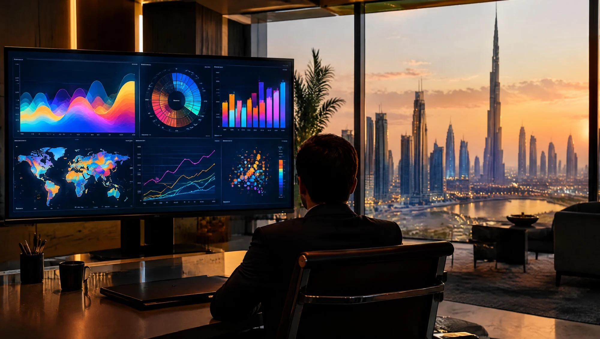 Analyste étudiant des graphiques dans un bureau de Dubaï