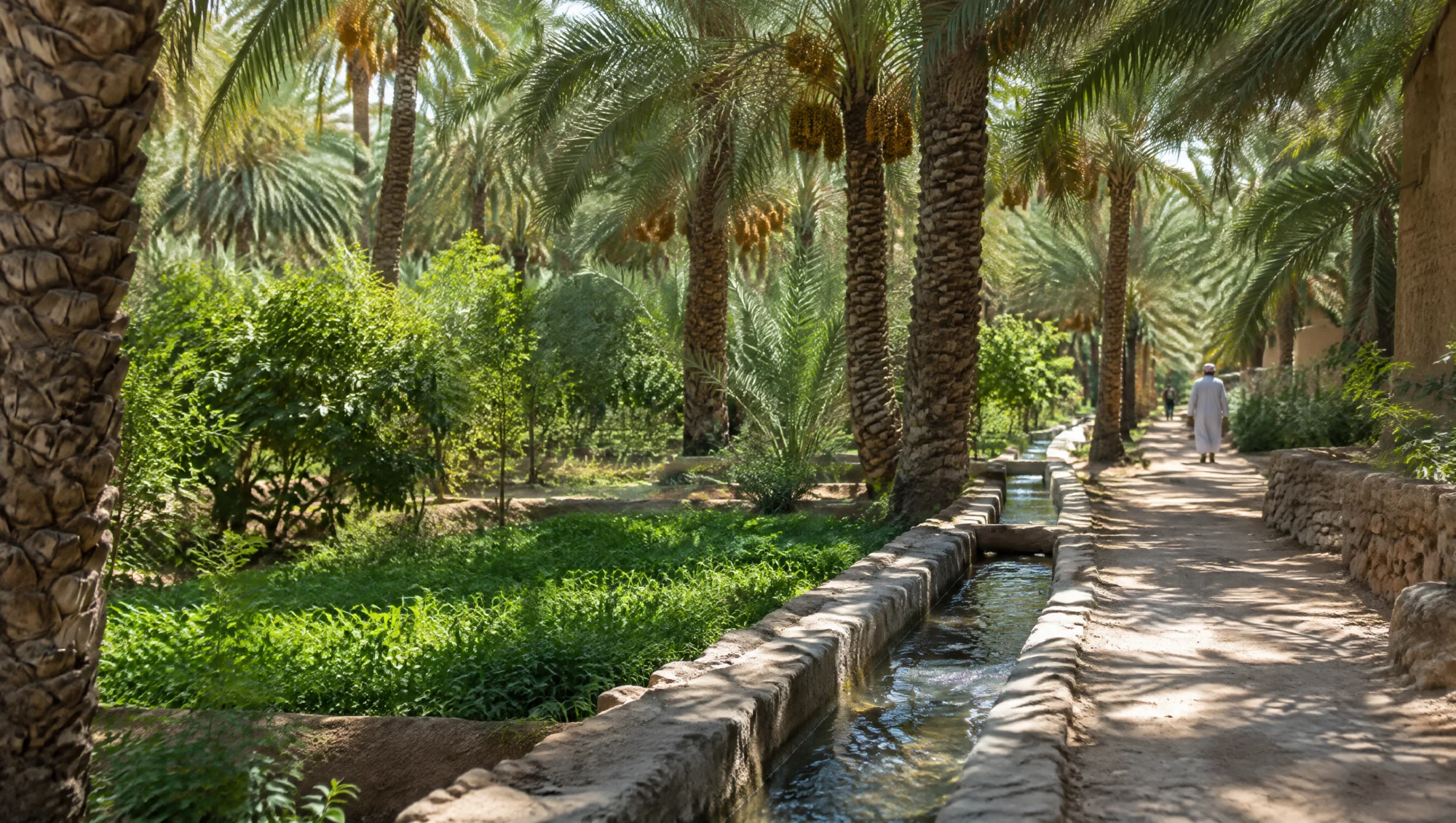Oasis de palmeras datileras con un falaj en Al Ain
