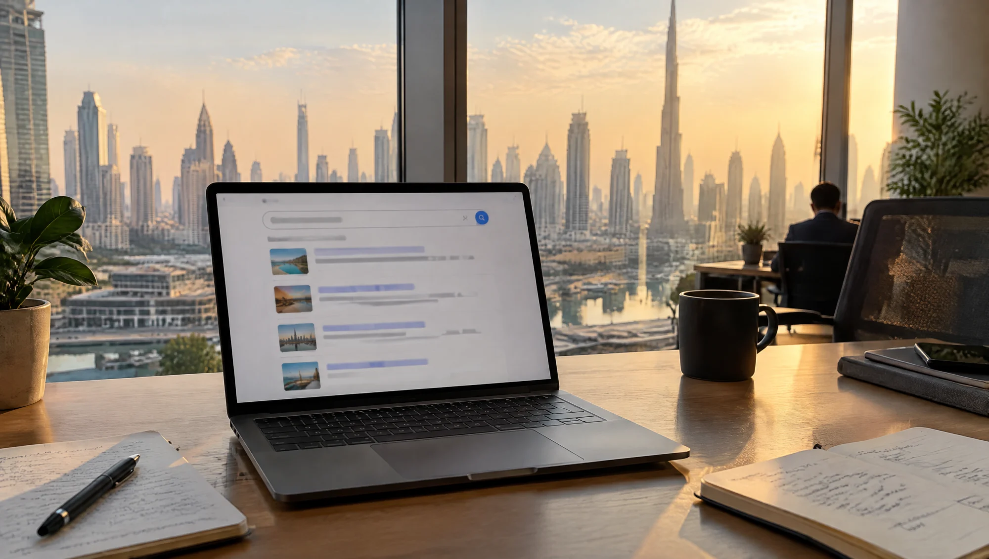 Ordinateur affichant des résultats de recherche dans un bureau de Dubaï