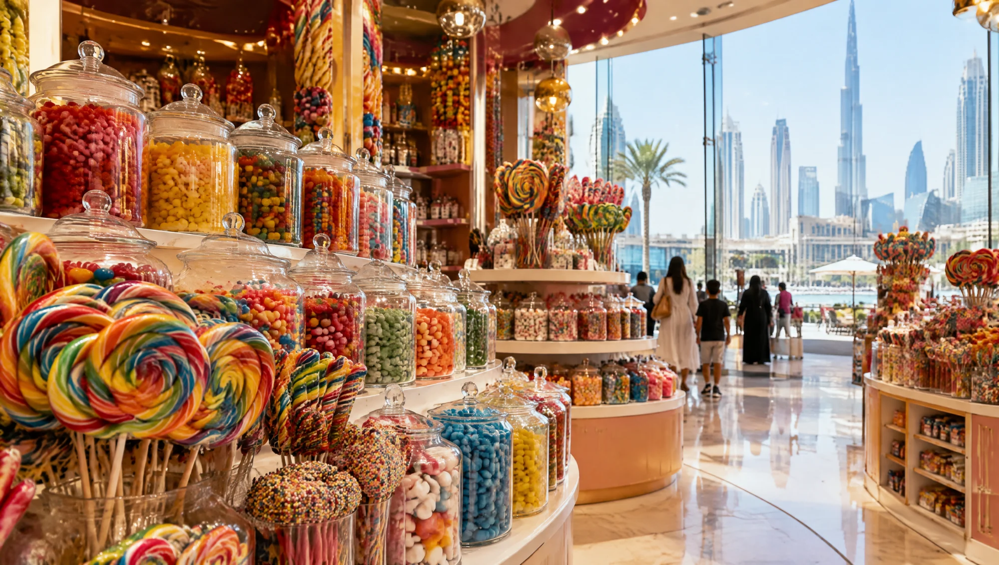 Tarros de caramelos de colores en una tienda de golosinas de Dubái