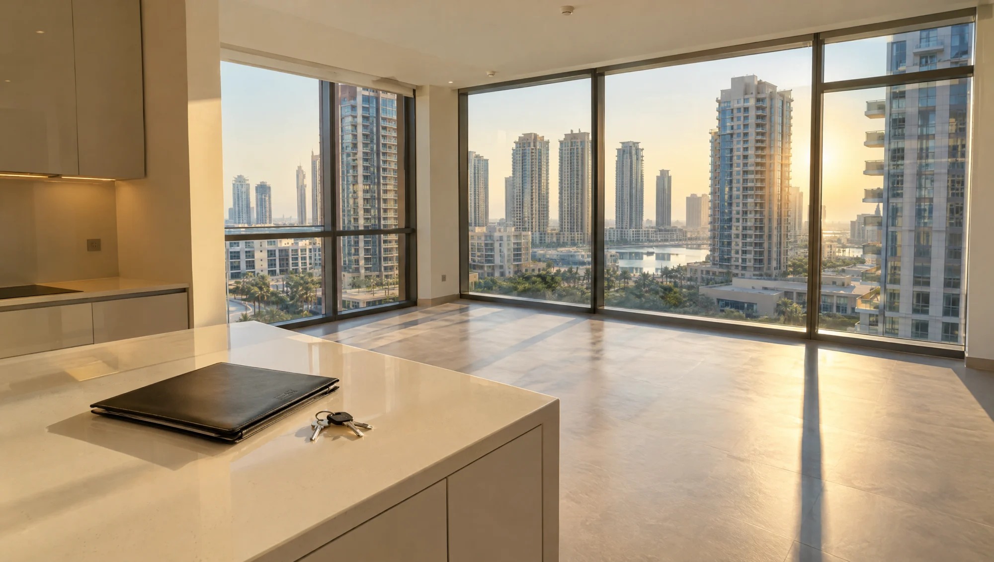 Appartement moderne vide à Dubaï, avec des clés et des papiers sur l’îlot de cuisine