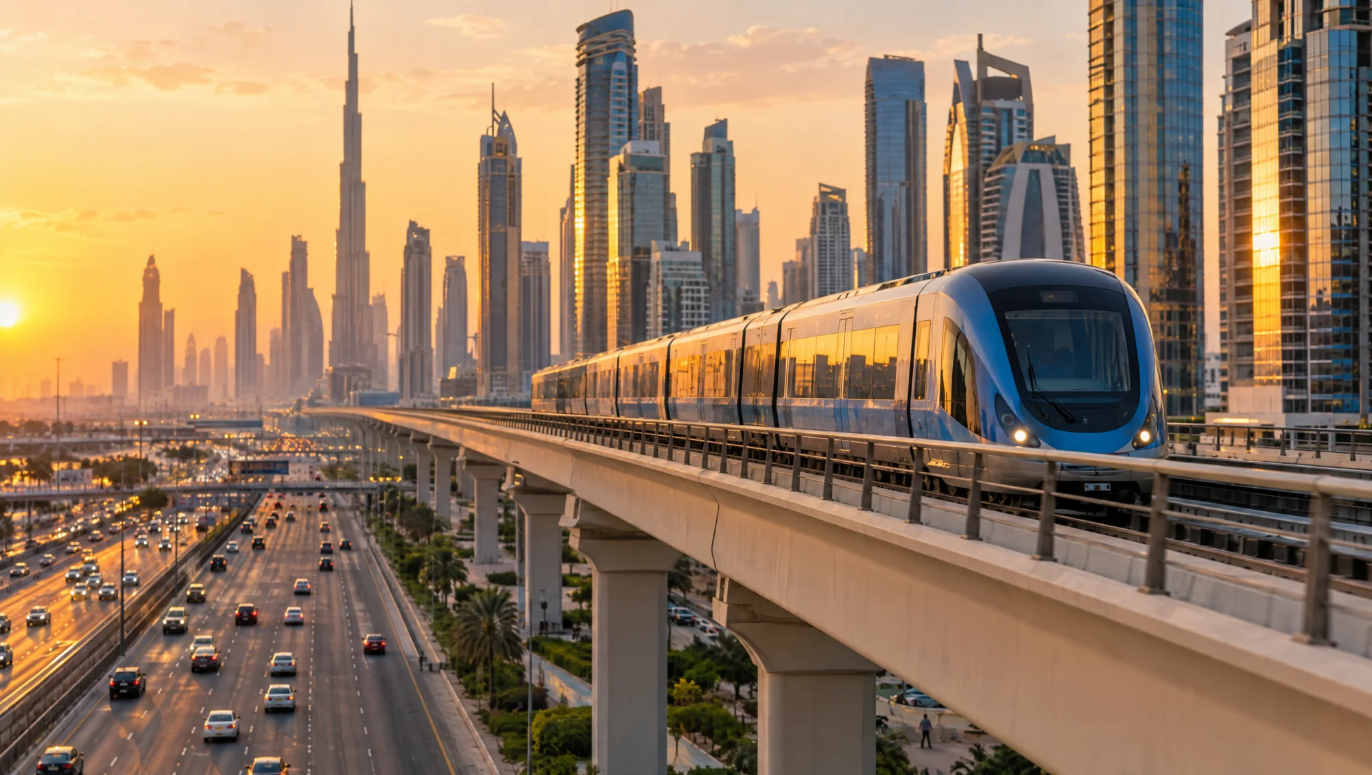 Tren del metro de Dubái en la vía elevada junto a Sheikh Zayed Road al atardecer