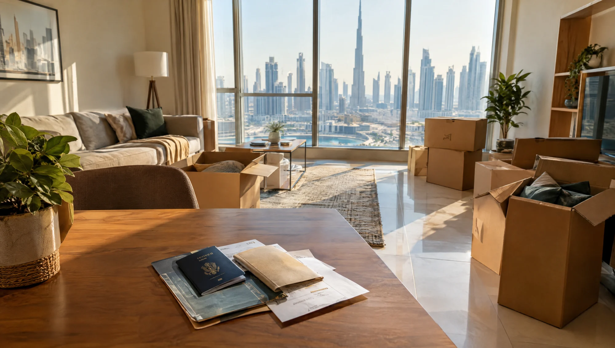 Moving boxes, a passport and documents in a new Dubai apartment
