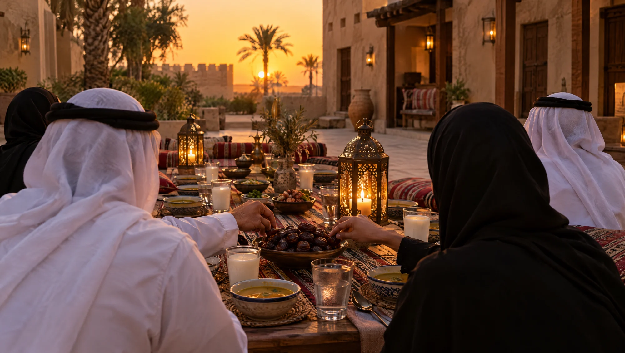 Una mesa de iftar con dátiles, laban y faroles al atardecer en un patio de los EAU