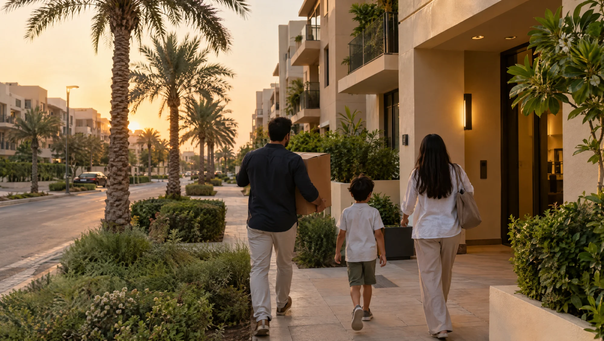 A family walking into a low-rise apartment building on a palm-lined street in Dubai