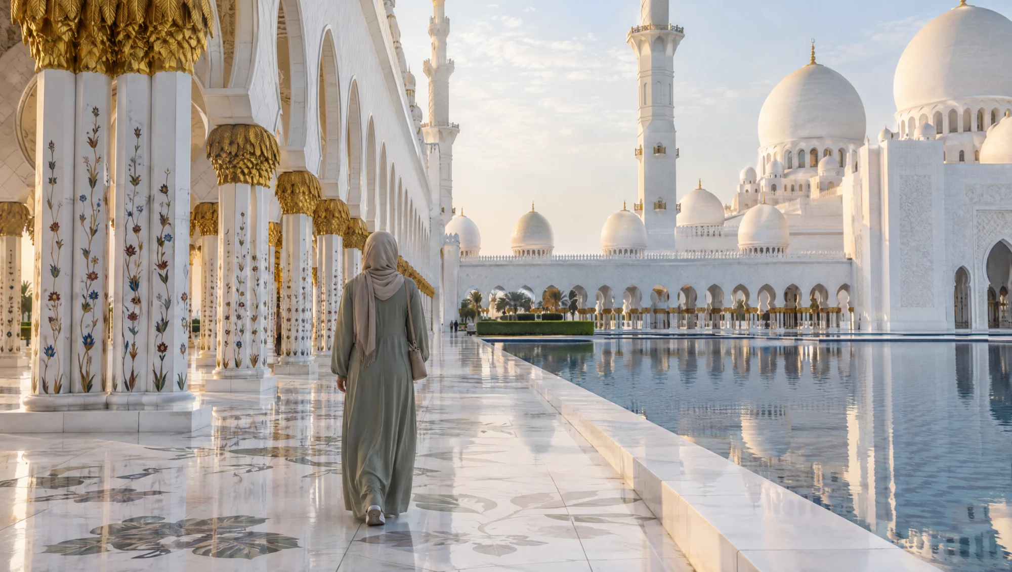 Une visiteuse en tenue pudique traverse la cour de la grande mosquée Sheikh Zayed