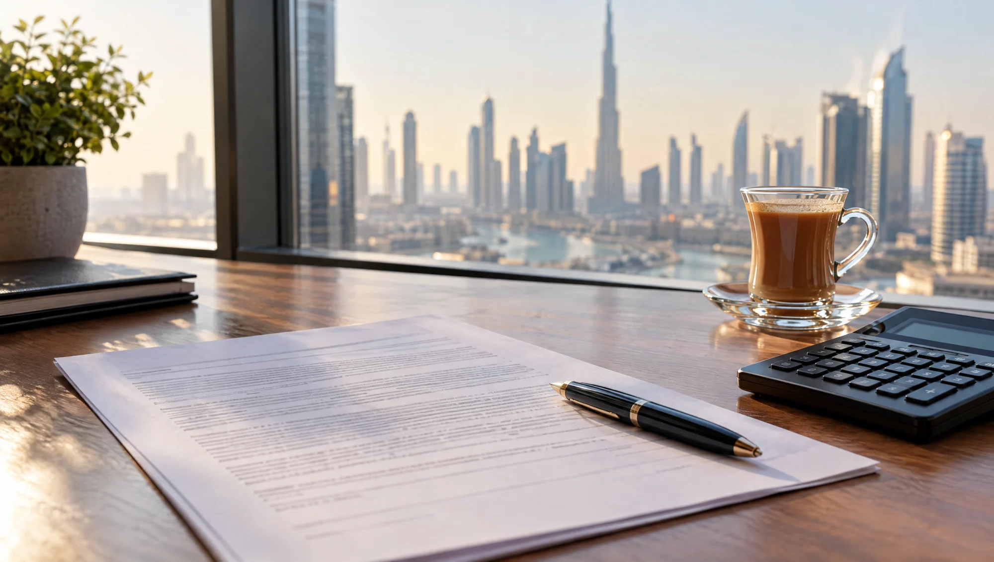 An employment contract, pen, calculator and karak tea on an office desk in Dubai