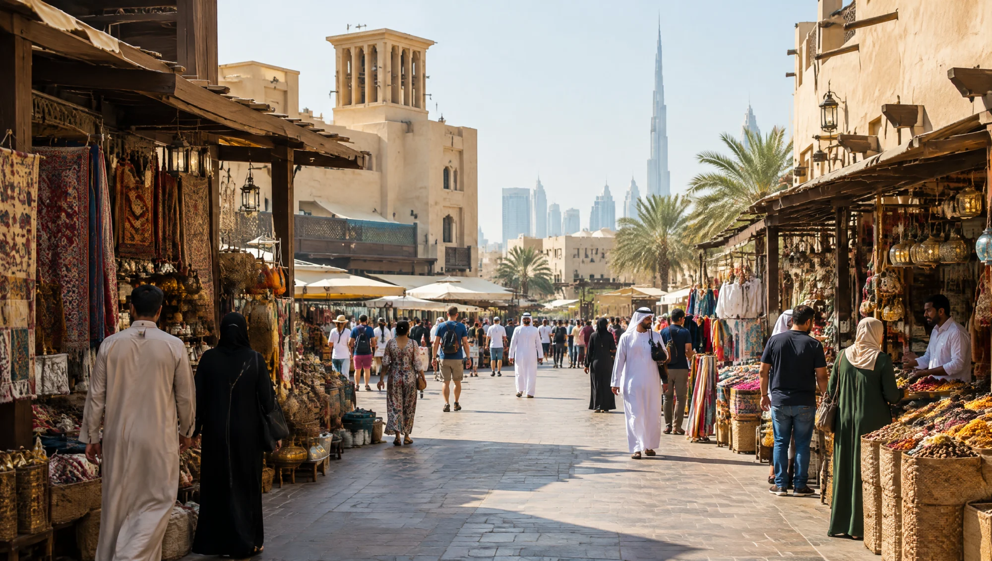 متسوقون وباعة يتحدثون في سوق إماراتي
