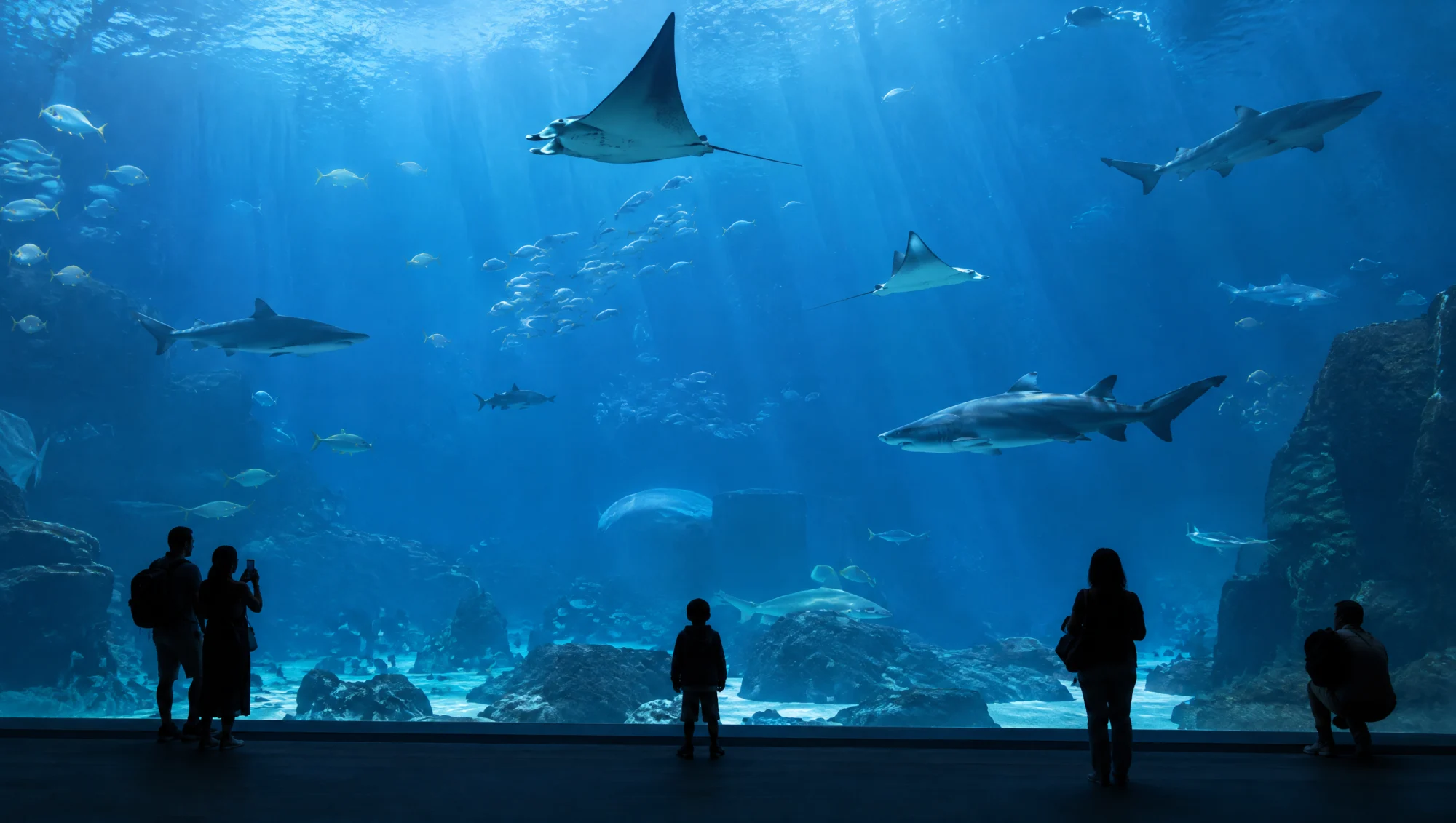 Visiteurs devant un aquarium géant